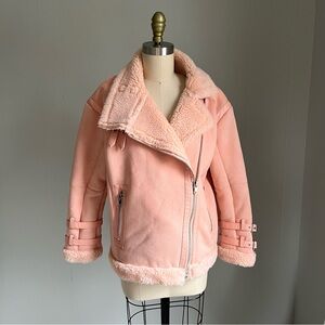 ASOS Pastel Pink Faux Sherpa Lined Aviator Jacket 0  Bomber Trucker Soft Cozy‎